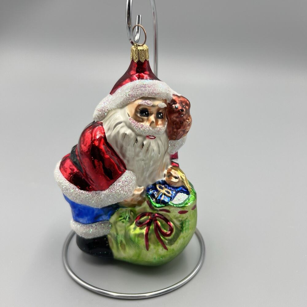 Christopher Radko Bundle Of Toys Christmas‎ Ornament Santa Glass Green Bag 5.5”